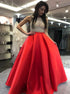 A Line Scoop Red Satin Appliques Floor Length Prom Dresses LBQ1875